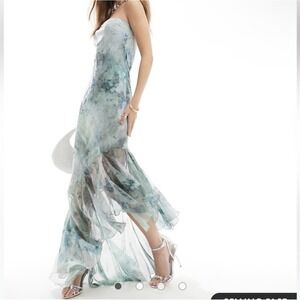 ASOS DESIGN bandeau maxi dress with asymmetric ruffle hem in marble print